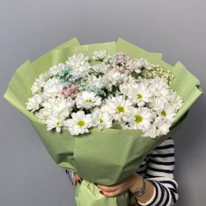 Букет из 7 хризантем с гипсофилой в упаковке