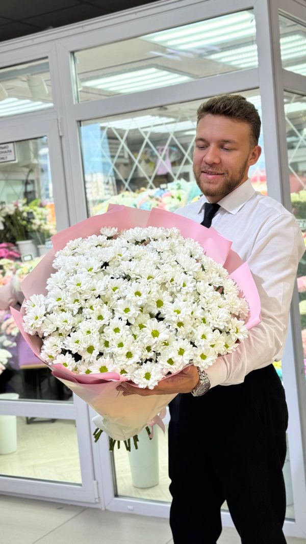 Букет из 25 кустовых хризантем сорта Кеннеди в упаковке — фото 2